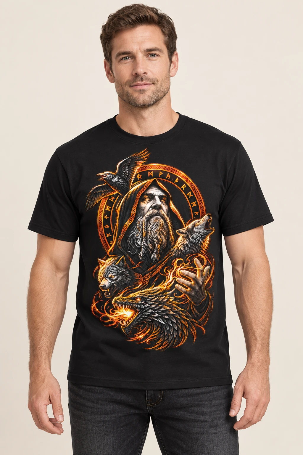 Aperçu porté du t-shirt noir Odin, avec le grand motif centré sur le devant