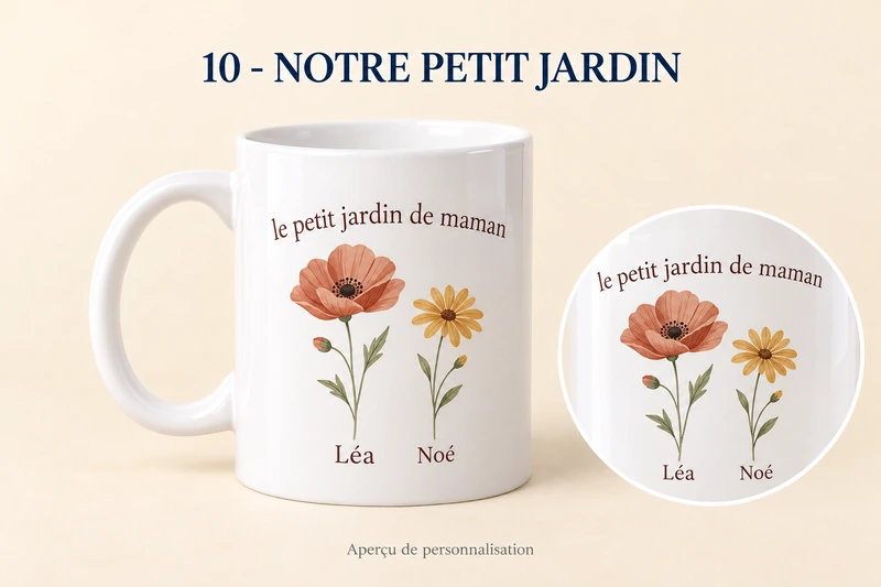 Notre petit jardin : mug personnalisé, produit entier et zoom du motif