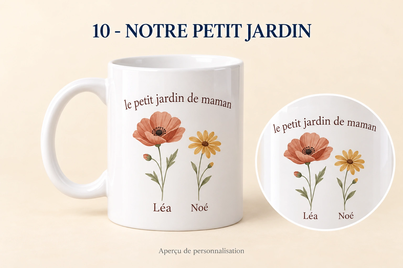 Notre petit jardin : mug personnalisé, produit entier et zoom du motif