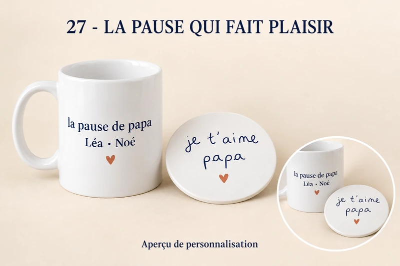 La pause qui fait plaisir : mug et sous-verre personnalisé, produit entier et zoom du motif