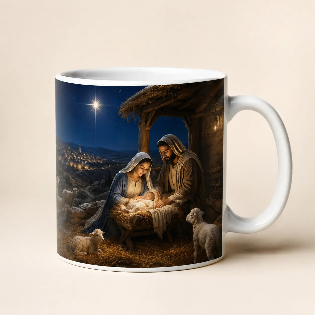 La Nativité sous l’étoile lumineuse, création présentée sur un mug blanc dans un décor de Noël