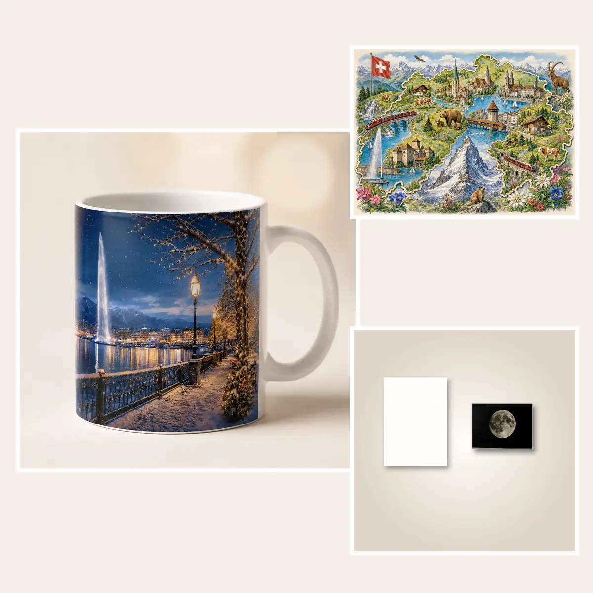 Collection impression couleur LB Studio avec mug de Noël, puzzle suisse et plaque aluminium