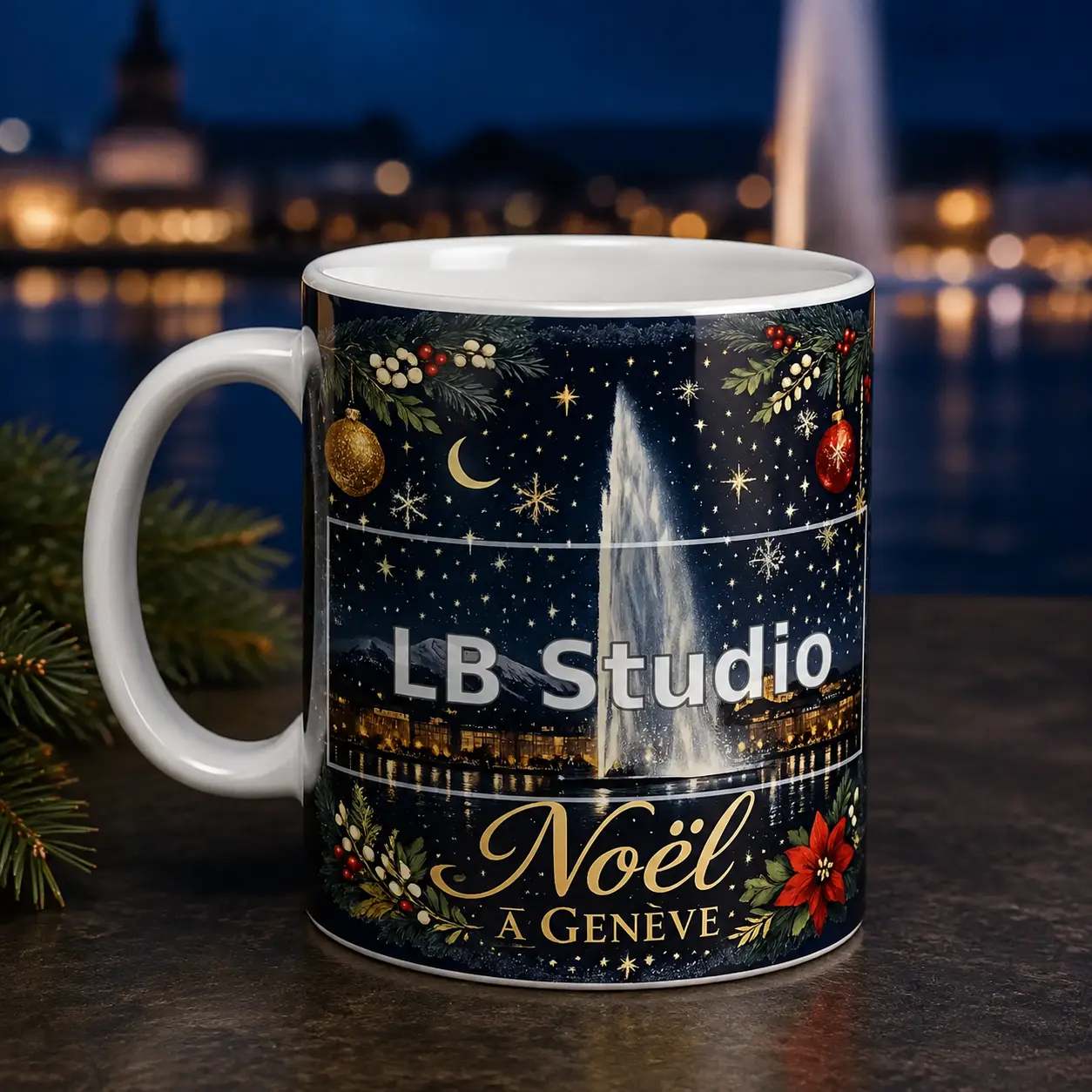 Noël à Genève, création LB Studio sur mug blanc brillant