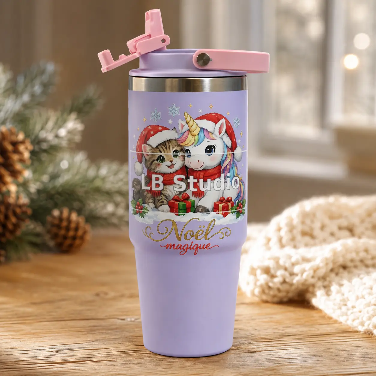 Thermos lilas Q-124 réel avec la création Noël magique