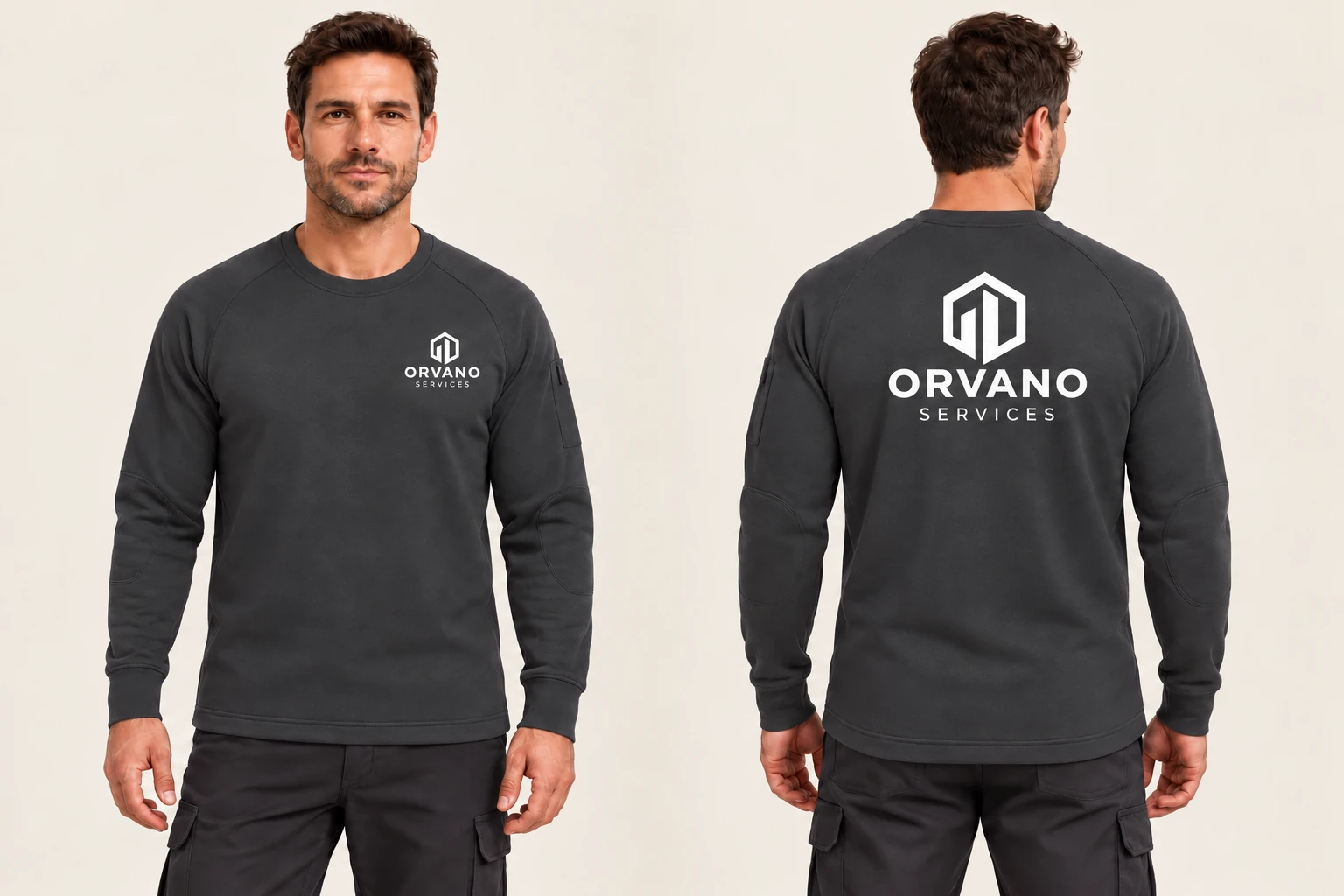 Aperçu d’un pull de travail gris avec une identité d’entreprise fictive, devant et dos