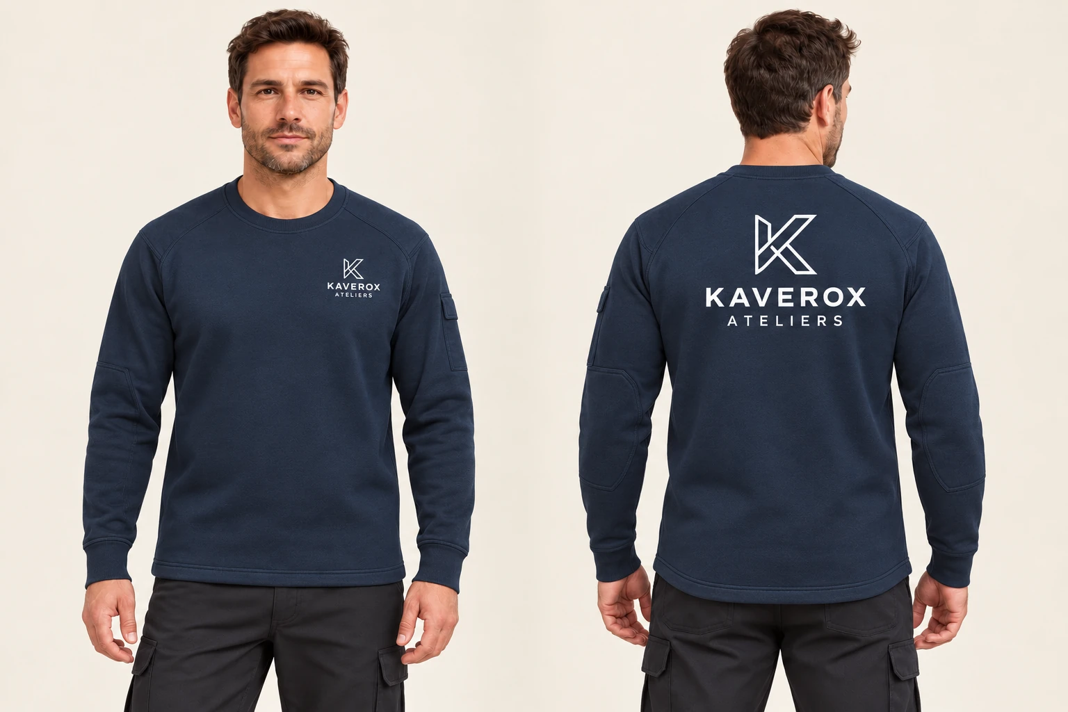 Maquette de face et de dos d’un sweat de travail bleu marine avec le logo fictif KAVEROX ATELIERS