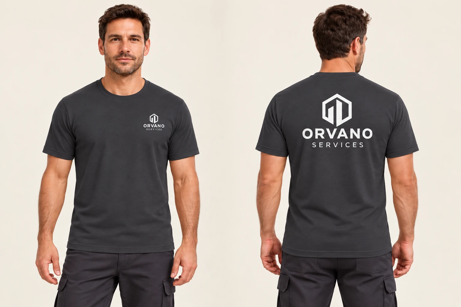 Maquette de face et de dos d’un t-shirt gris foncé avec le logo fictif ORVANO SERVICES