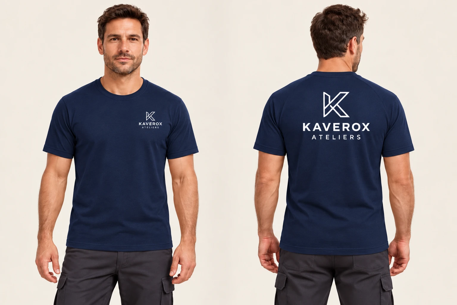 Aperçu de personnalisation d’un t-shirt d’équipe bleu marine, de face et de dos, avec une entreprise fictive