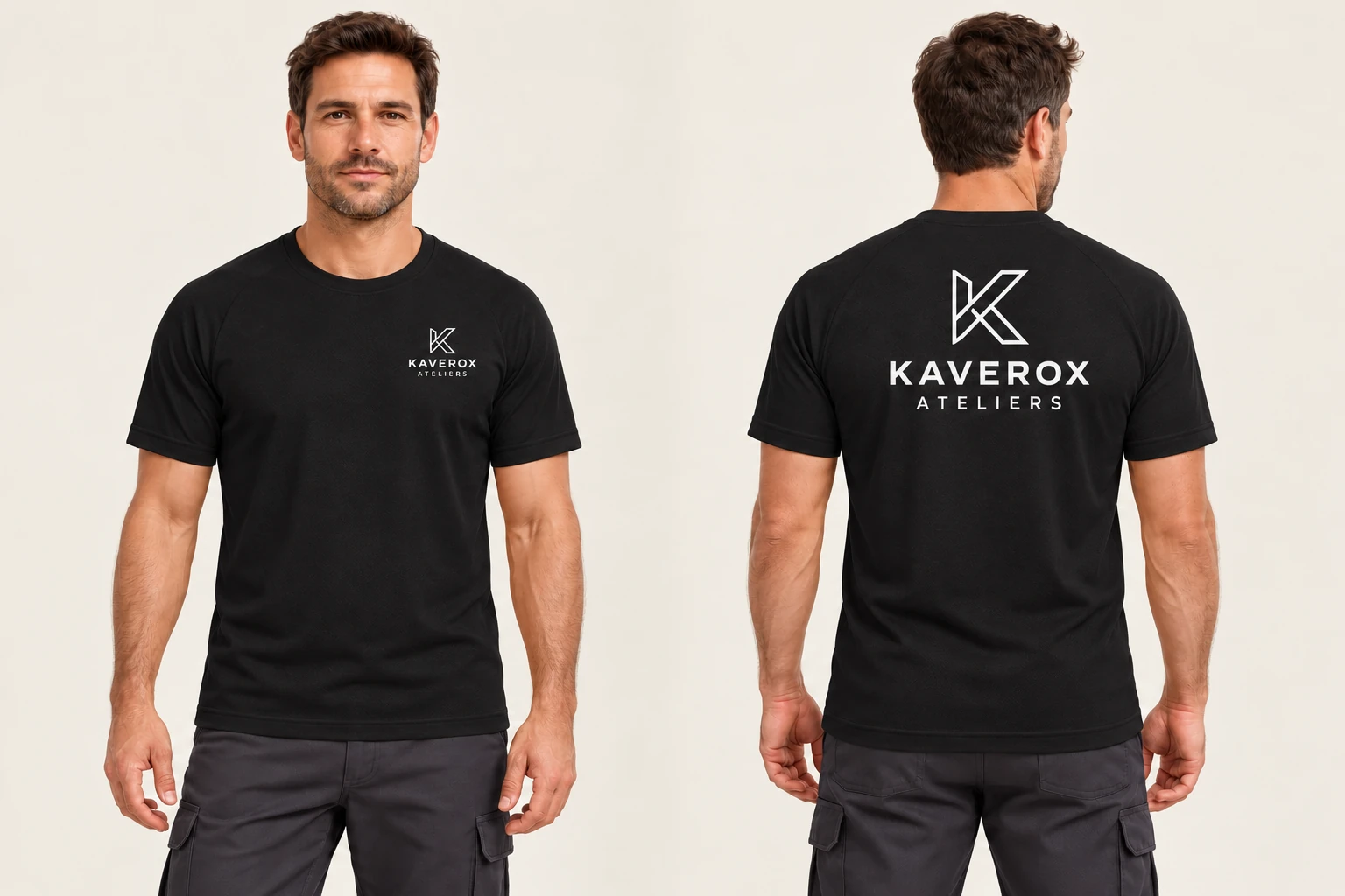 Aperçu porté d’un t-shirt noir avec identité d’entreprise fictive, devant et dos
